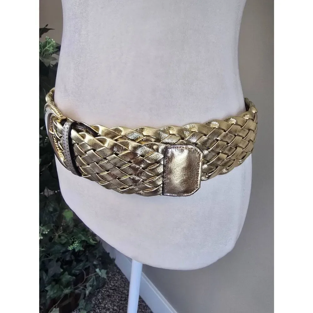 Gold Belt Wide Woven Faux Leather Sz M